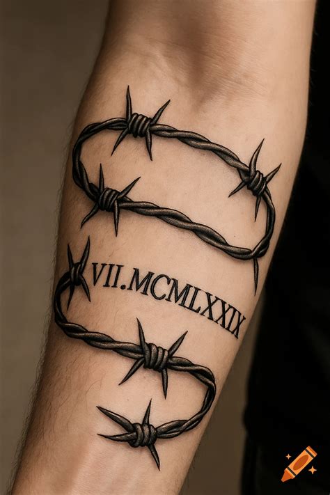 A realistic black barbed wire tattoo with Roman numerals 'VII.MCMLXXIX ...