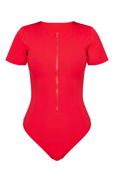 Red Scuba Zip Up Swimsuit | Swimwear | PrettyLittleThing USA