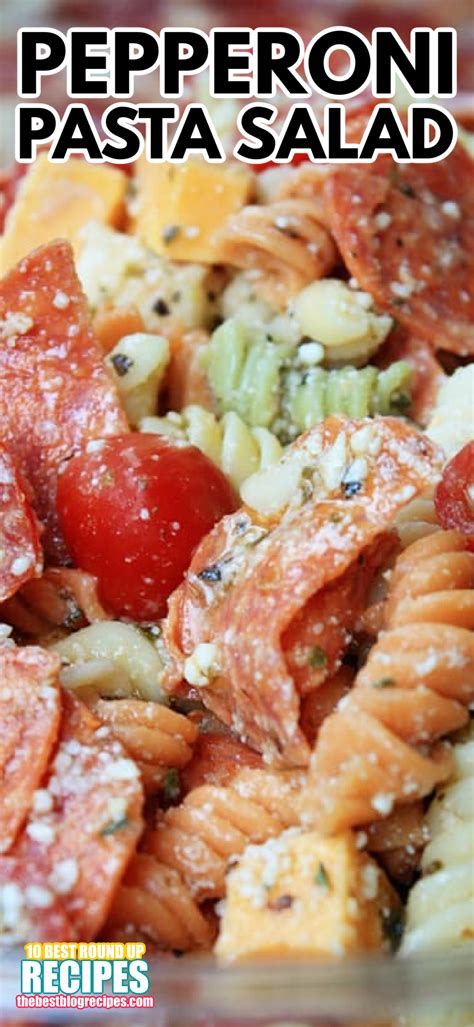 This Pepperoni Pizza Pasta Salad features tri colored rotini pasta with ...