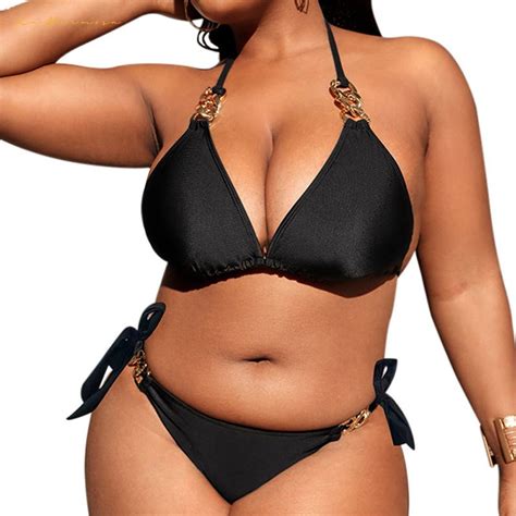 Solid Color Backless Lacing Swimsuit Plus Size Two-Piece Bathing Suit ...