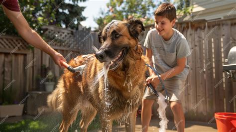 Premium Photo | Playful Outdoor Dog Bathing Scene with Family Washing ...