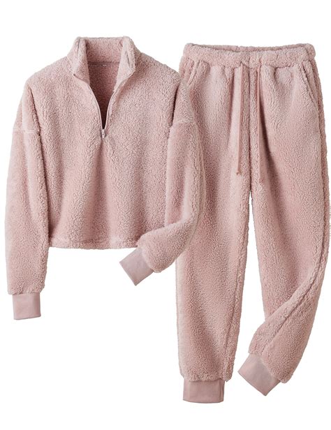 EsheSy Women's Fluffy Pajamas Set Fleece Pullover Sherpa Pants 2 Piece ...