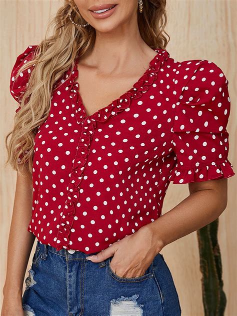Polka dot ruffle trim blouse – Artofit
