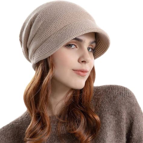 Women Knit Beanie Hat, Winter Warm Slouchy Fleece Hat with Brim, Ladies ...