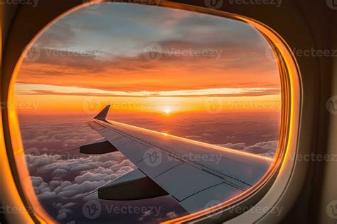 Sunset view from airplane window. Generative AI 33645608 Stock Photo at ...