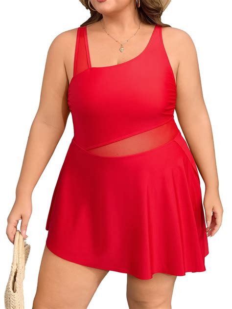 Asoul Plus Size One Piece Swimsuit Swim Dress Mesh Cutout Skirt Bathing ...