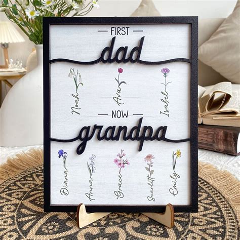 First Dad Now Grandpa With Flowers - Personalized Wooden Plaque - Macorner
