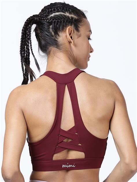 Nylon Criss Cross Back Sports Bra For Women – Burgundy – MICHELLE SALINS