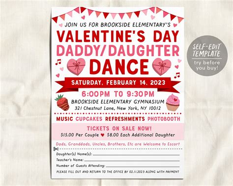 Daddy Daughter Dance Valentine's Day Flyer Editable Template, Sweethea ...