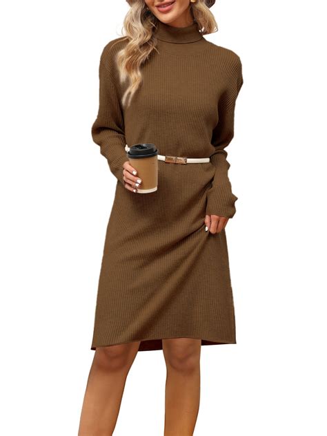 LANPULUX Sweater Dresses Long Sleeve Dresses for Women Brown Turtleneck ...