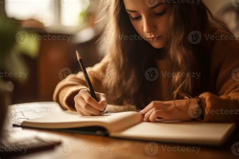 Close-up shot of a girl writing on her brand new notebook. Generative ...