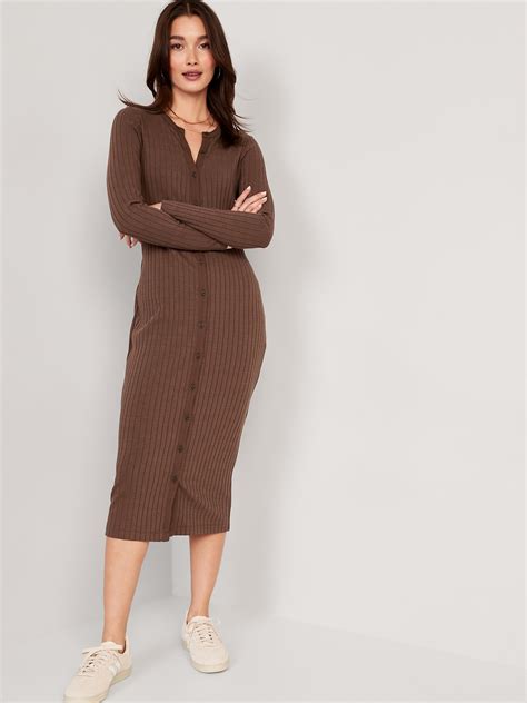 Fitted Rib-Knit Midi Button-Front Dress | Old Navy