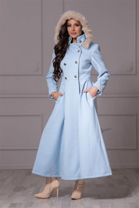 Long Hooded Light Blue Wool Coat, Winter Fit and Flare Jacket, Dress ...