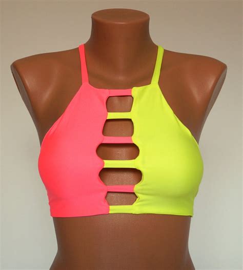 Bikini Top,neon Pink Neon Green Bikini Top,high Neck Halter Bikini Top ...