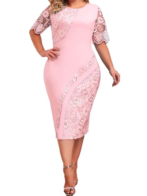 CHICTRY Womens Plus Size Midi Cocktail Dress Embroidered Lace Short ...