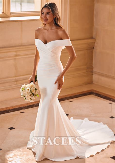 Glamorous Mermaid Off-the-Shoulder Chapel Train Crepe Fitted Wedding Dress with Pleats S3019W ...