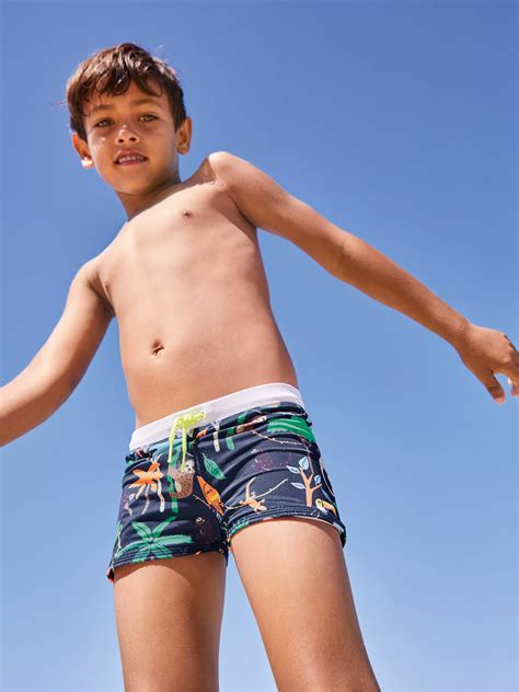 Mini Boden Boys' Swim Trunks, Blue Tree Tops