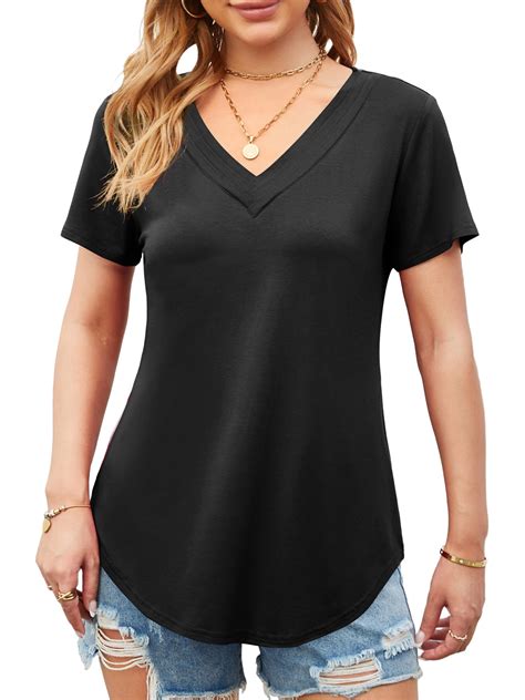 Fancyglim Women Long T-shirts Casual Shirts Curved Hem Tops, Black S ...