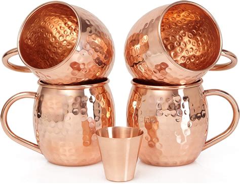 Set of 4 Moscow Mule Copper Mugs with Copper Shot Glass - Four 16 Oz ...