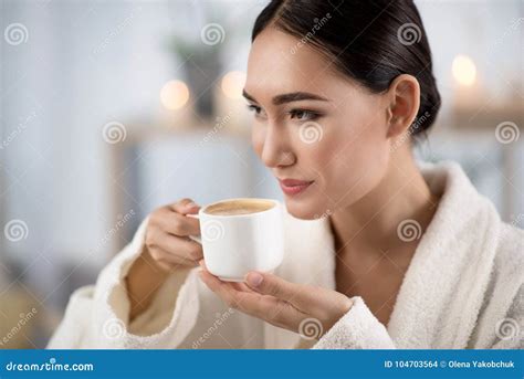 Joyful Woman is Getting Pleasure from Hot Espresso in Spa Stock Photo ...