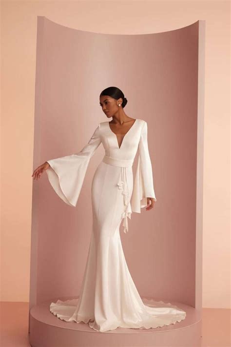 Stunning Bell Sleeves Wedding Dress, Simple Satin Wedding Dress, Modest Wedding Dress, Long Bell ...