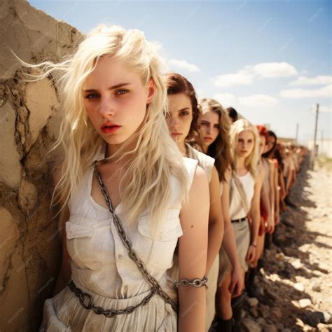 Beautiful girls hostages captives slaves in shackles and chains work as ...