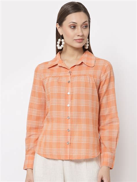 Buy Gipsy Orange Checked Shirt Style Pure Cotton Top - Tops for Women ...
