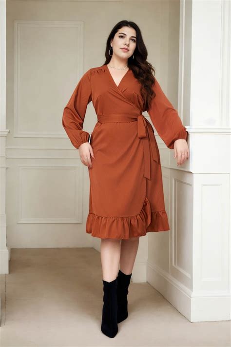 Solange Plus Size Brown Wrap Long Sleeve Dress– Hello Curve