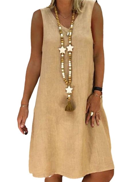 Frontwork Plus Size Cotton Linen Sundresses, V-Neck Solid Midi Dress ...