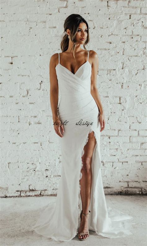 Katie May Beach Mermaid Wedding Dress Slit Elegant Slit Lace Spaghetti Strap Backless Design For ...
