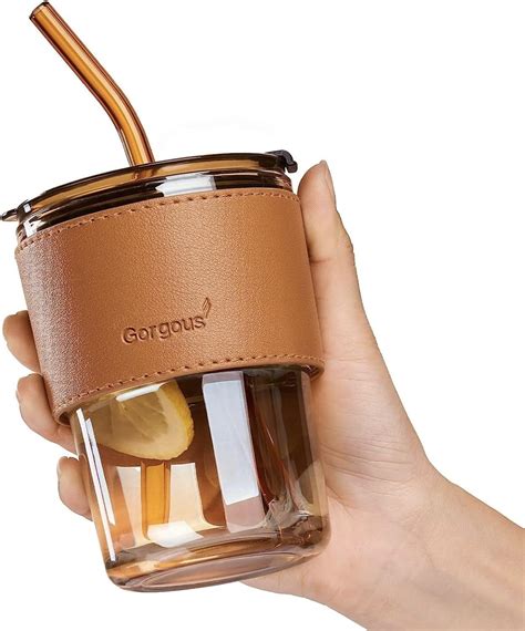 Gorgous ‎Leak Proof Glass Tumbler with Straw and Lid (450 ml) Slub Glass | Leather Protective ...