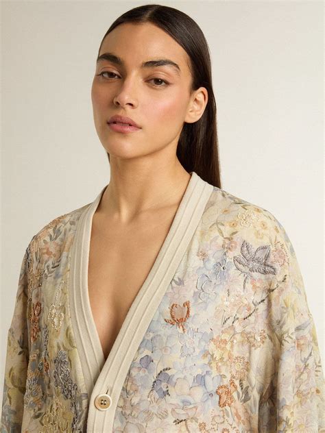 Women's cardigan with floral print and embroidery