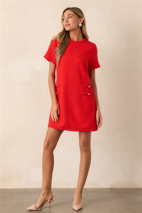 Short Sleeve Red Tweed Mini Dress - Mini Dresses | Red Dress