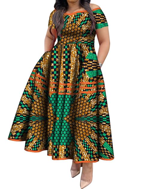BintaRealWax Ankara African Dresses for Women Traditional Ghana Elegant Short Sleeve High Waist ...