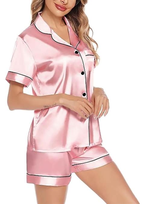 PUTUO Women's Satin Pajama Set, Short Sleeve Button Down Two-Piece ...