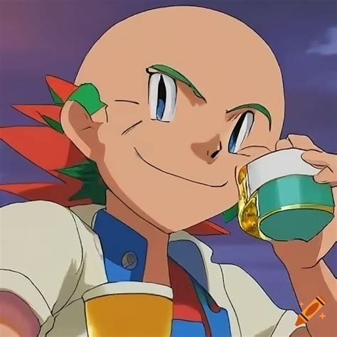 Ash Ketchum enjoying a beer without a hat and bald on Craiyon