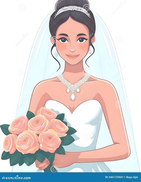 Smiling Bride with Bouquet of Flowers, Wedding Dress and Beautiful Hairstyle, Full Body Portrait ...