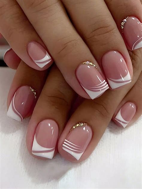 24pcs Short Square 3D Rhinestone Decor Fake Nail & 1sheet Tape & 1pc Nail File | Acrylic nail ...