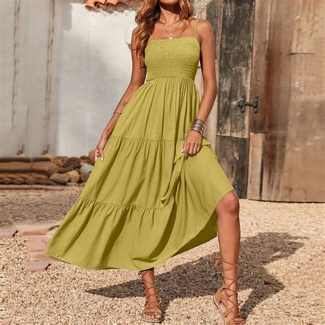 AOOCHASLIY Sun Dresses for Women Beach Bohemian Spaghetti Strap Smocked ...