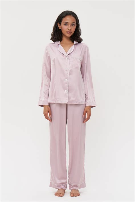 Pink Silk Satin Pyjamas, Button Up Pajamas Sets PJs | IDENTITY