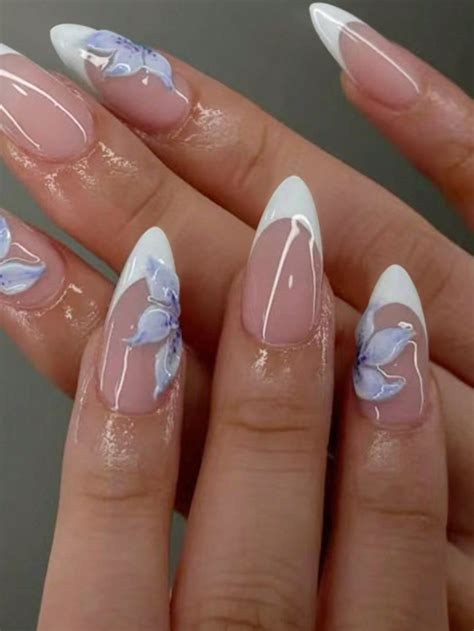 24Pcs Long Almond 3d Gelnails Makes Flower Nails Design French Tip ...