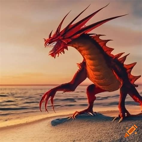 A great red dragon with fierce eyes standing on sand of the vast sea side