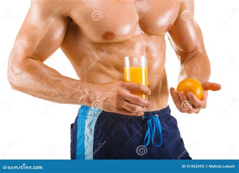 Healthy Muscular Man Holding Glass Juice Orange Shaped Abdominal ...
