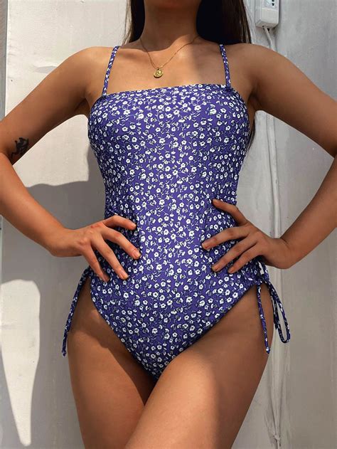 Ditsy Floral Print Drawstring Side One Piece Swimsuit | Swimsuits, One ...