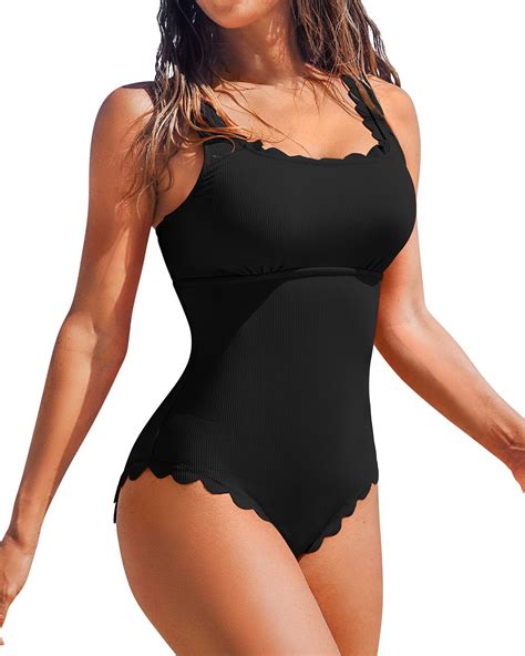 Charmo Womens Scalloped Ribbed One Piece Swimsuits Retro Square Neck ...