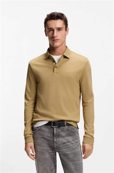 BOSS - Long-sleeved polo shirt in interlock cotton with logo - Beige