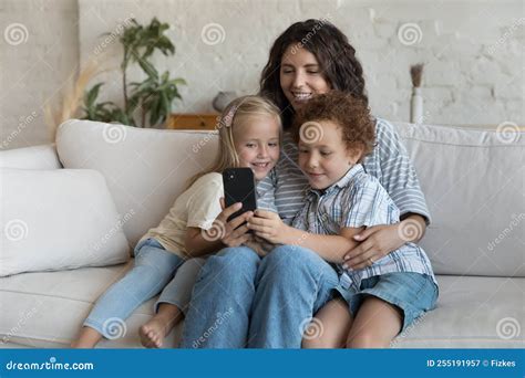 Young Hispanic Mom Her Children Spend Free Time on Internet Stock Image ...