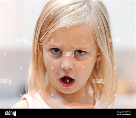 Angry, little girl and tantrum face portrait reaction to shock of ...