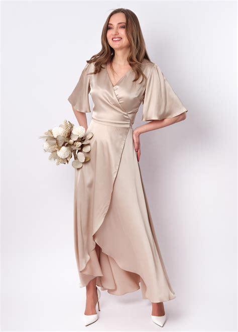Champagne beige wrap dress silk dress wrap dress bridesmaid dress wedding guest dress women ...