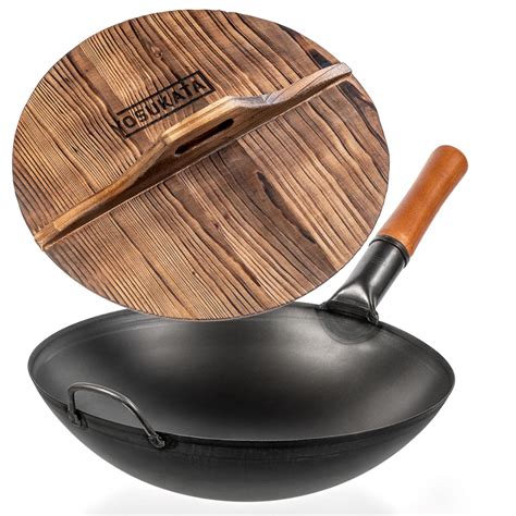 Black Carbon Steel Wok 14-inch+Wooden Wok Lid | Yosukata